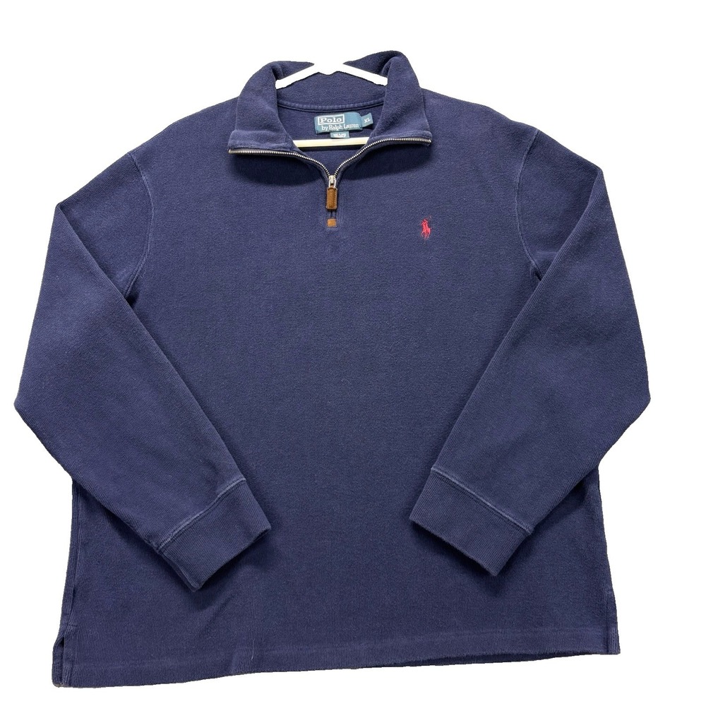 VTG Polo Ralph Lauren 1/4 Zip Pullover Mens XL Blue Knit Sweater Red Pony Preppy